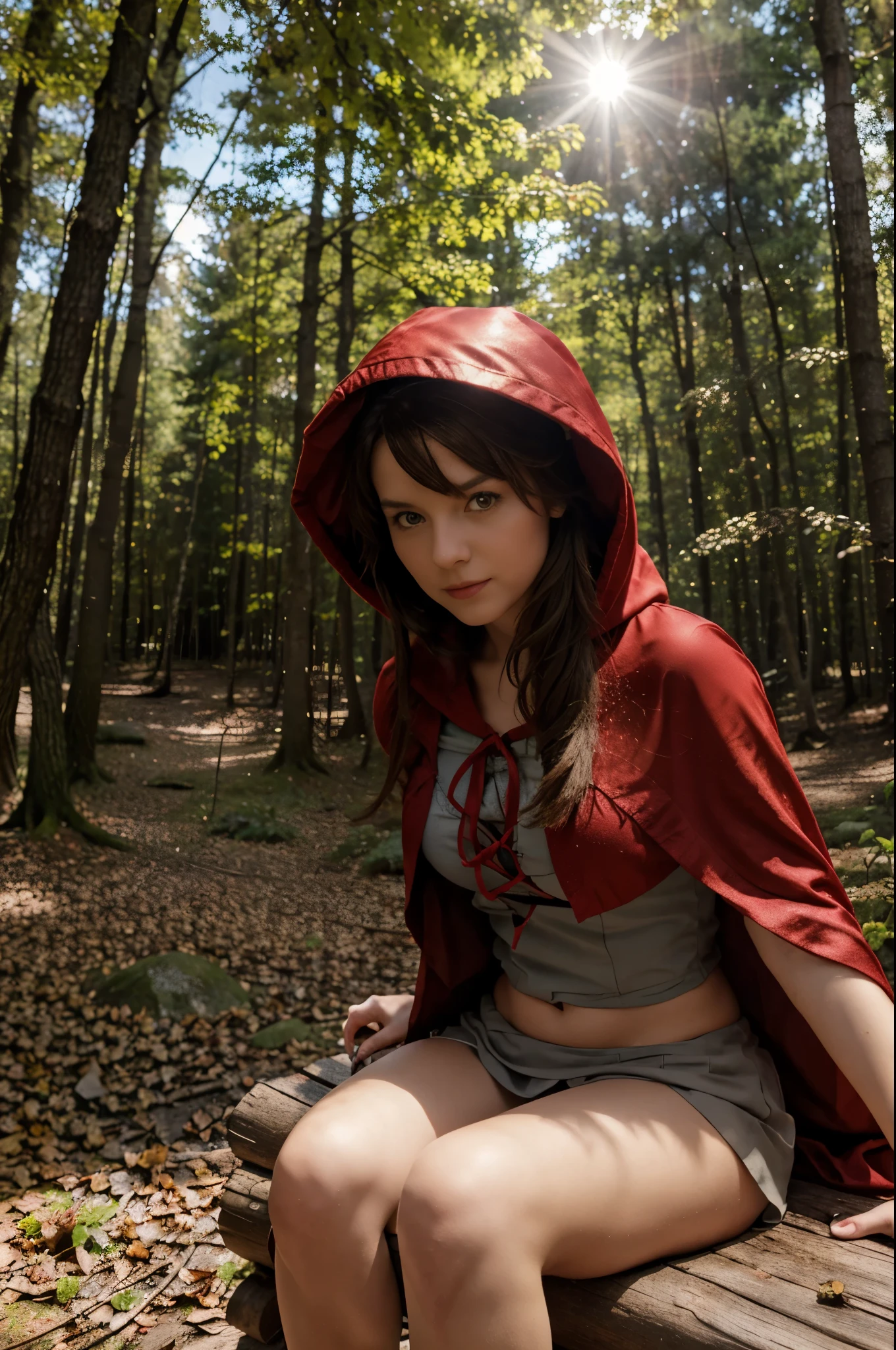 8k, fotografisch, Little Red Riding Hood, im Wald, auf Baumstamm sitzt, sehr kurzes Rock, perfekte Beine, Sonnenschein
