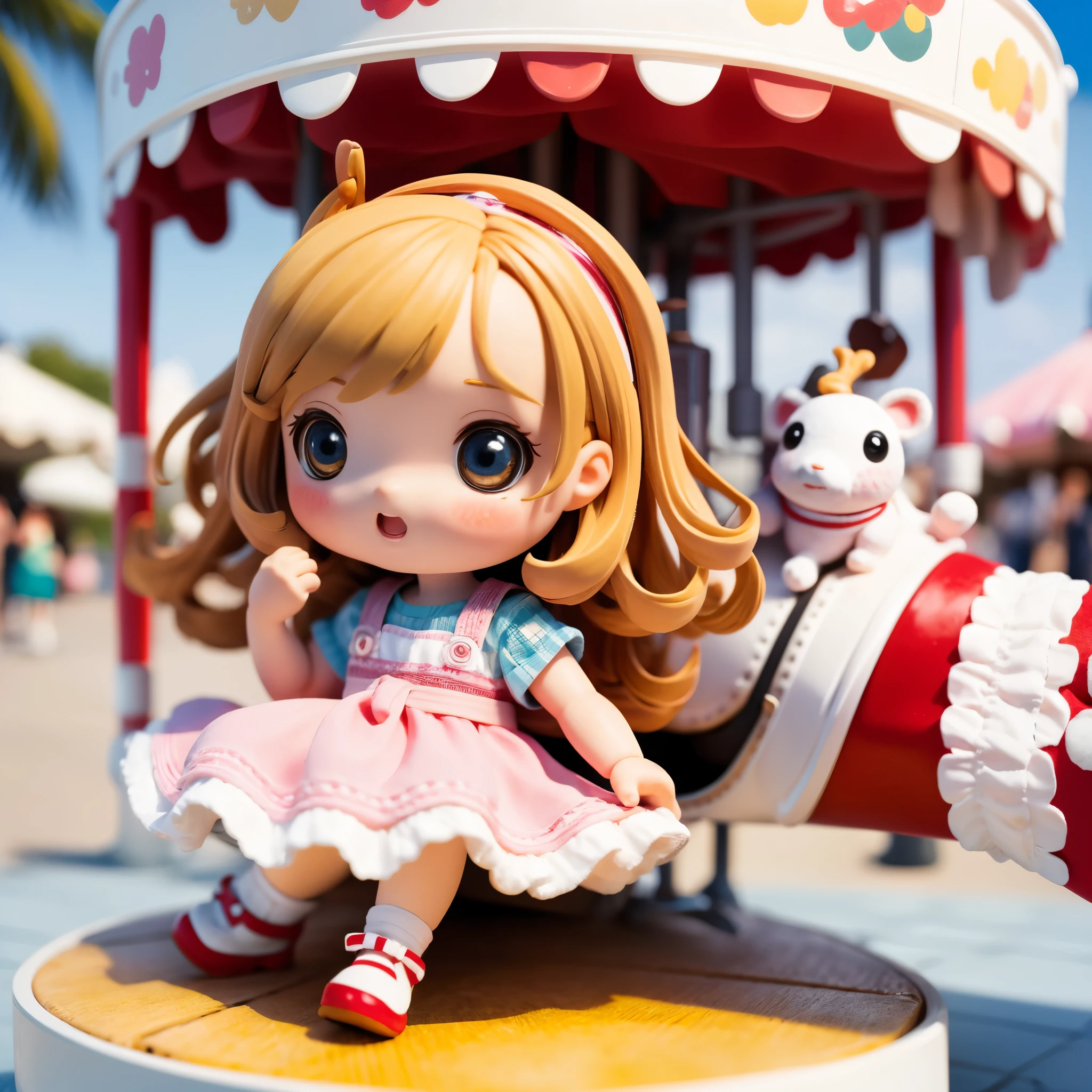 Photorealistic、Chibi Girl Doll（Enjoying the merry-go-round at the amusement park）