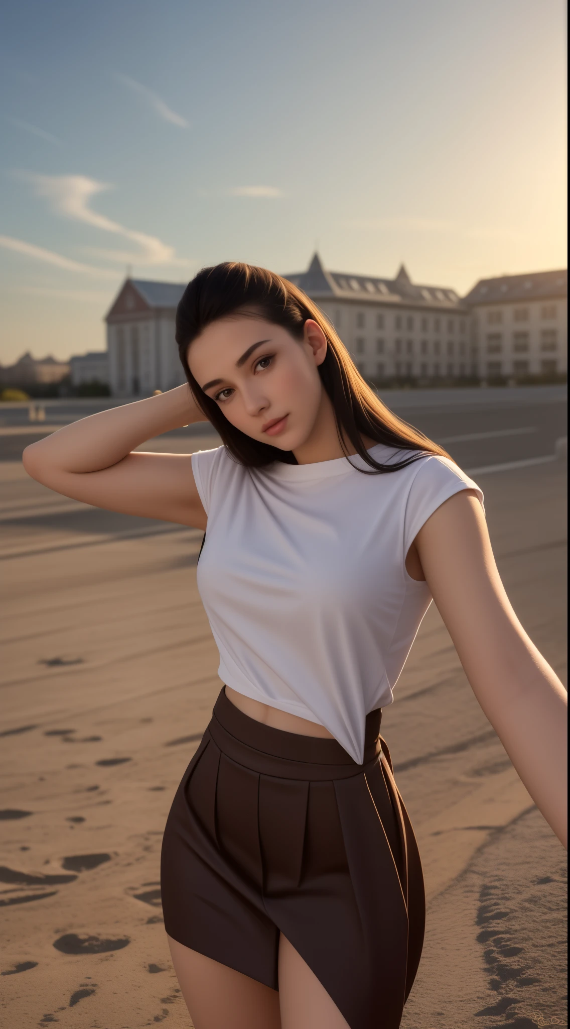 21-year-old, Russian race, European race, (Masterpiece, best quality, photorealistic, high res, photography: 1.3), close-up shot, sharp focus, black hair, hair bun, short hair, hot model, slim, Height 160cm, cute blush, huge breasts, smooth, mild smile, realistic skin, sexy hot face, erotic, sexual gaze, slim, extremely detailed hair, shiny lips, outdoor, ((vivid light, dynamic lighting, realistic, super realistic, shirts, baggy, skirt
