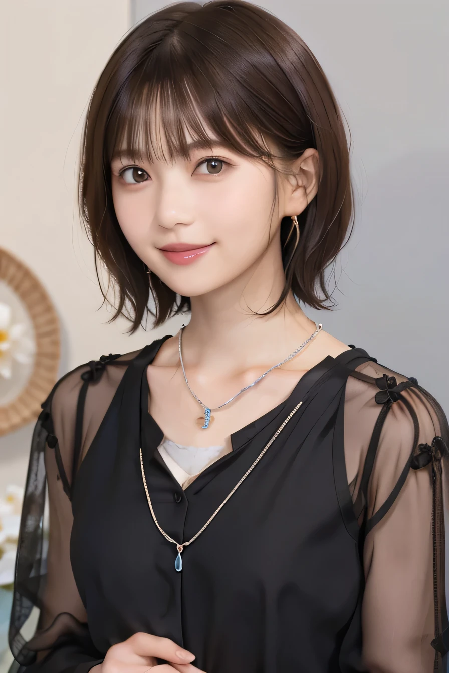 205 ((short hair)), 20-year-old female, Surrealism, Flower smile、Beautiful teeth alignment、Brown Hair、Ear piercing、Necklace around the neck、