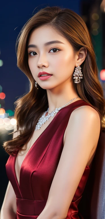 Light brown hair with gradients, whole body, highest quality, ((Very detailed, Ultra Skin Details)), Detailed face, (Realistic:1.4), , night, City view, Red formal suit、necklace、bracelet、Earrings