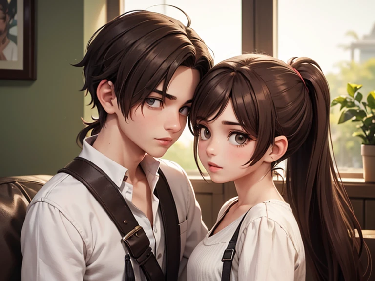 Two characters in a scene boy and girl (absolutely identical twins brother and sister), The first character is a handsome effeminate boy with beautiful girlish features, with semi-long brown hair tied in a ponytail, white linen women's t-shirt, Brown eyes, and the second character is a girl with aesthetic small breasts with beautiful erect nipples, with very tousled shaggy semi-long brown hair, hair between the eyes, Brown eyes, beautiful face, an athlete with well-developed proportional muscles, dressed in a white silk almost transparent sports shirt on a completely naked body(absolutely no underwear), talk to each other, different emotions, free pose, free interaction with each other, White background, стиль мультфильма Disney Pixar