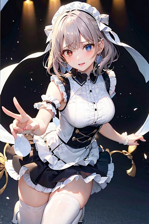 (1 girl),(high quality), (High resolution), (Very detailed), (8k),(Focus on the lower body),Transparent costume、Heterochromia iridisshort hair、Heterochromia iridis、short hair、hair ornaments、detached sleeves、In the same way、band、In the same wayスカート、Long skirt,(Beautiful erect nipple shape),High resolutionの美しい目,(Neutral White Lighting:1.2),Dancing,