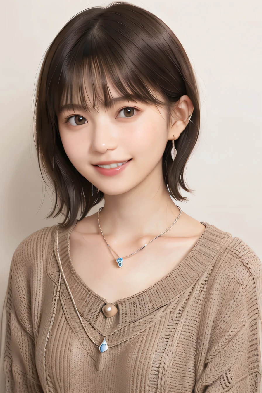 205 ((short hair)), 20-year-old female, Surrealism, smile、Beautiful teeth alignment、Brown Hair、Ear piercing、Necklace around the neck、

