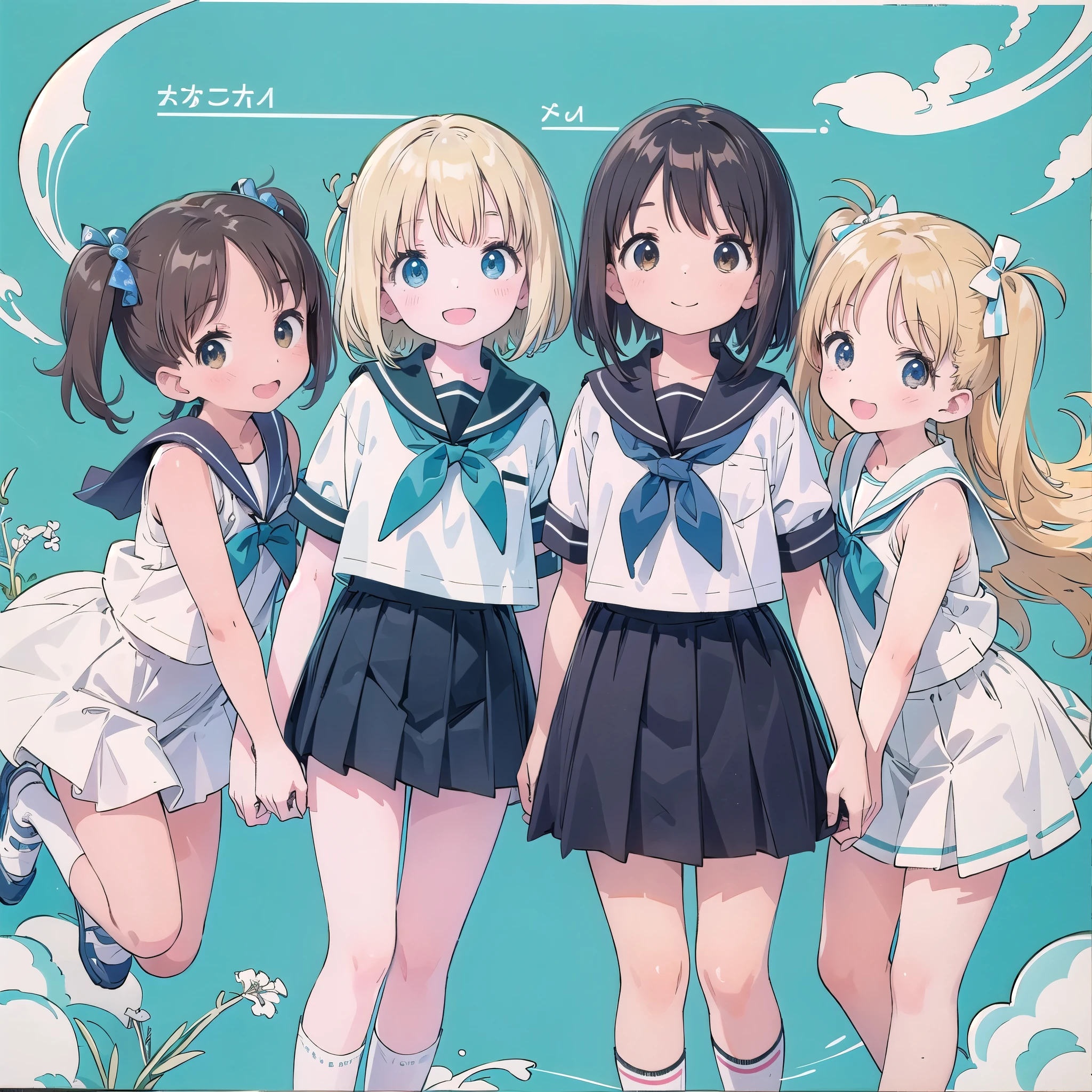 8-year-old、pretty girl、Sailor suit、A happy smile、beautiful Background, Four Girls,