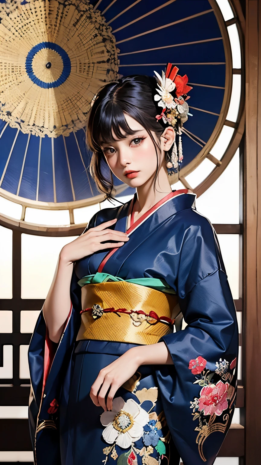 (masterpiece, highest quality, highest quality, Official Art, beautifully、beautiful:1.2), (One Woman),Geisha Costume(Gorgeous Japan kimono(colorfulな着物(Detailed embroidery))), Very detailed,(Fractal Art),colorful,Most detailed,Mandala in the background,Oiran