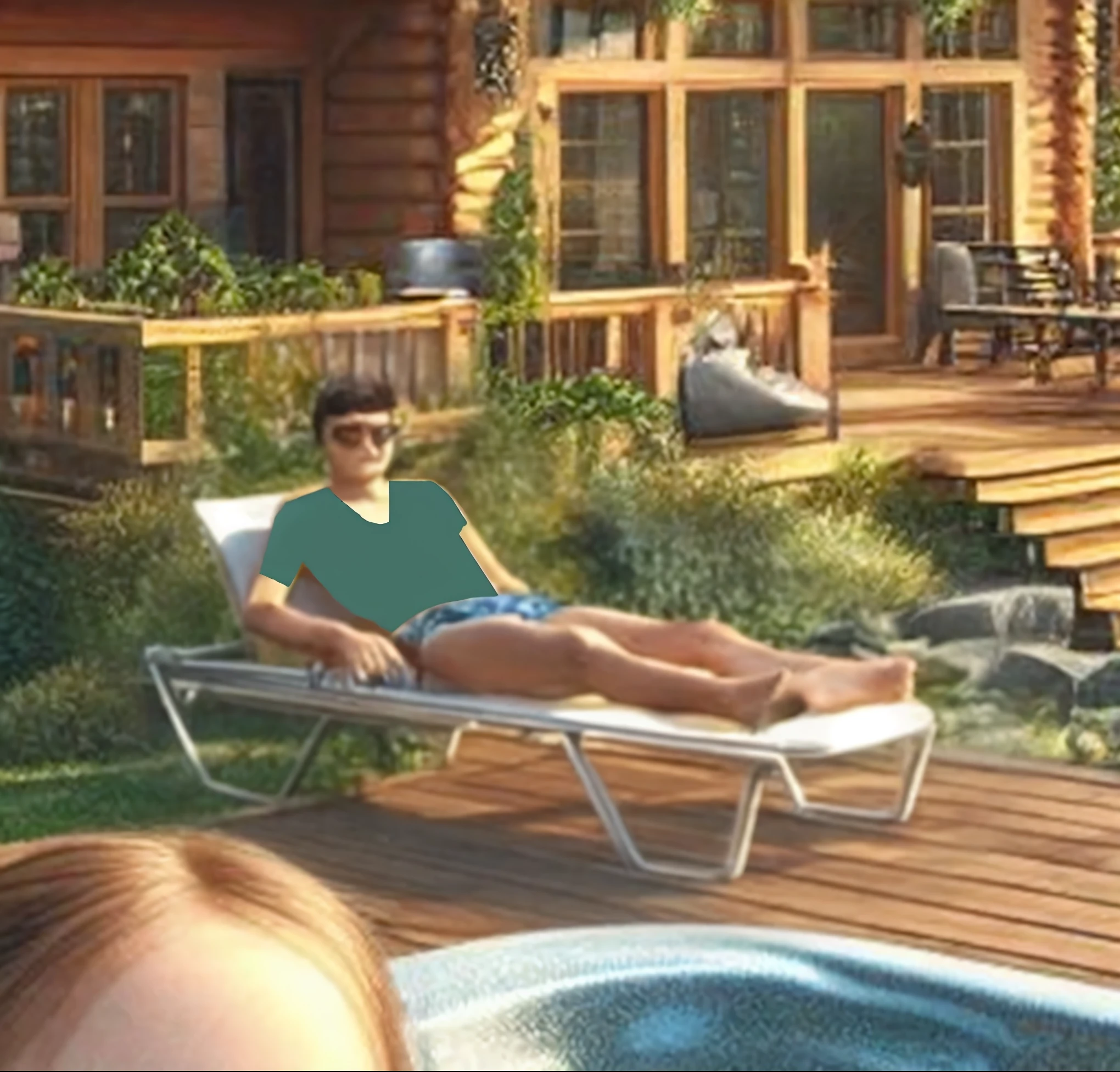 scoobydoo, shaggy rogers, tank top, relaxing, lawn chair, outside, bottomless, legs together, long penis, eyes looking at viewer, backyard, tree, shade, blue sky, bee landing on glans