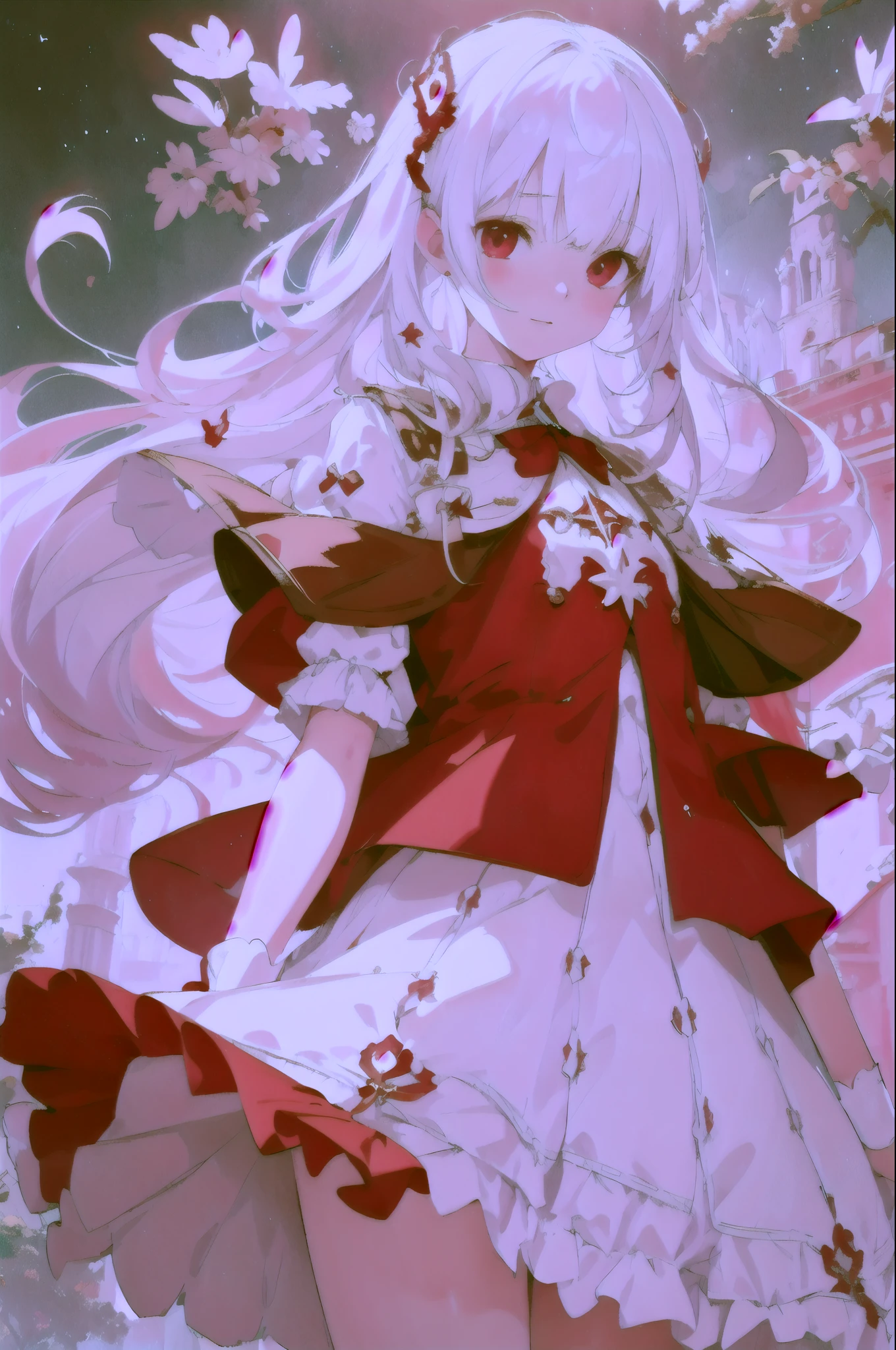 Beautiful illustrations, highest quality, Cute  girl, (Conversion Sequence), Transformation Magical Girl, Little, White Magical Girl, Fractal Art, albino, Baby Face, Long pure white red mesh hair, Beautiful and detailed red eyes, Cinema Lighting, Cowboy Shot, View Viewer, From below, Happy