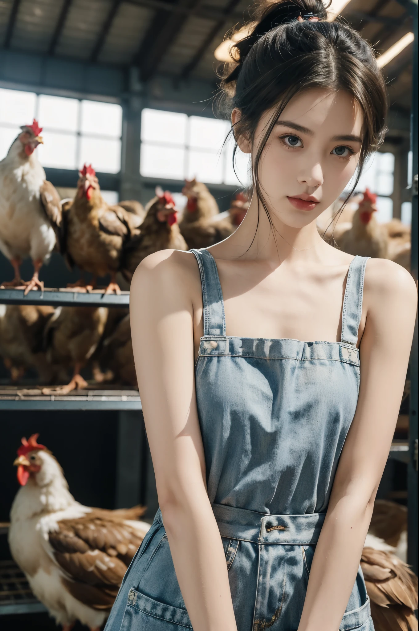 A girl stood in the middle of a chicken farm full of chickens,short ponytail,bare shoulders,flat chests,apron,arms behind back,showcasing industrial photography,realistic scenery,photography carnival,wildlife photography,aurora punk,animal and human styles,upper body,