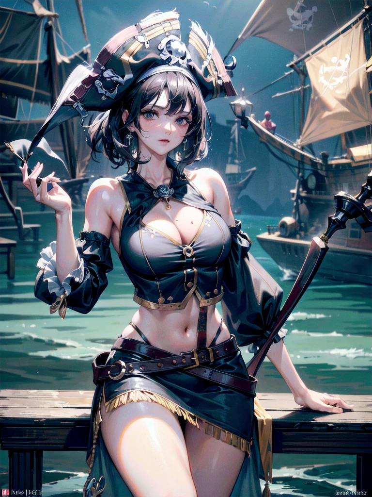 absurdres, RAW photo, extremely delicate and beautiful, masterpiece, Best Quality, ultra high resolution, 32k, hyperrealistic, ultra-detailed, perfect figure, tearful mole, earring, whole body shot, short medium hair, wavy hair, ((Practical pirate clothing)), Long-sleeved pirate top, Skirt,Torn pirate hat,