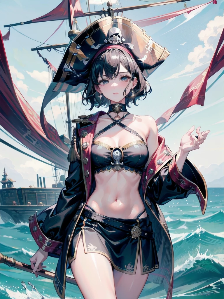 absurdres, RAW photo, extremely delicate and beautiful, masterpiece, Best Quality, ultra high resolution, 32k, hyperrealistic, ultra-detailed, perfect figure, tearful mole, earring, whole body shot, short medium hair, wavy hair, ((Practical pirate clothing)), Long-sleeved pirate top, Skirt,Torn pirate hat,