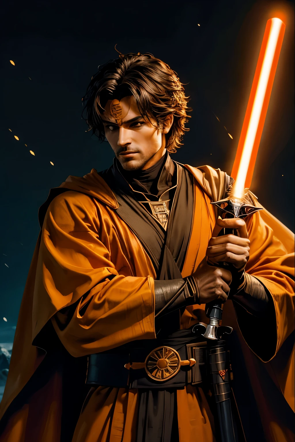 "(best quality,highres),sexy male jedi knight,(cabello largo color naranja con orejas de zorro),beautiful detailed eyes,long eyelashes light tan robe, holding a naranja lightsaber, portraits,star wars background,vivid colors,studio lighting"