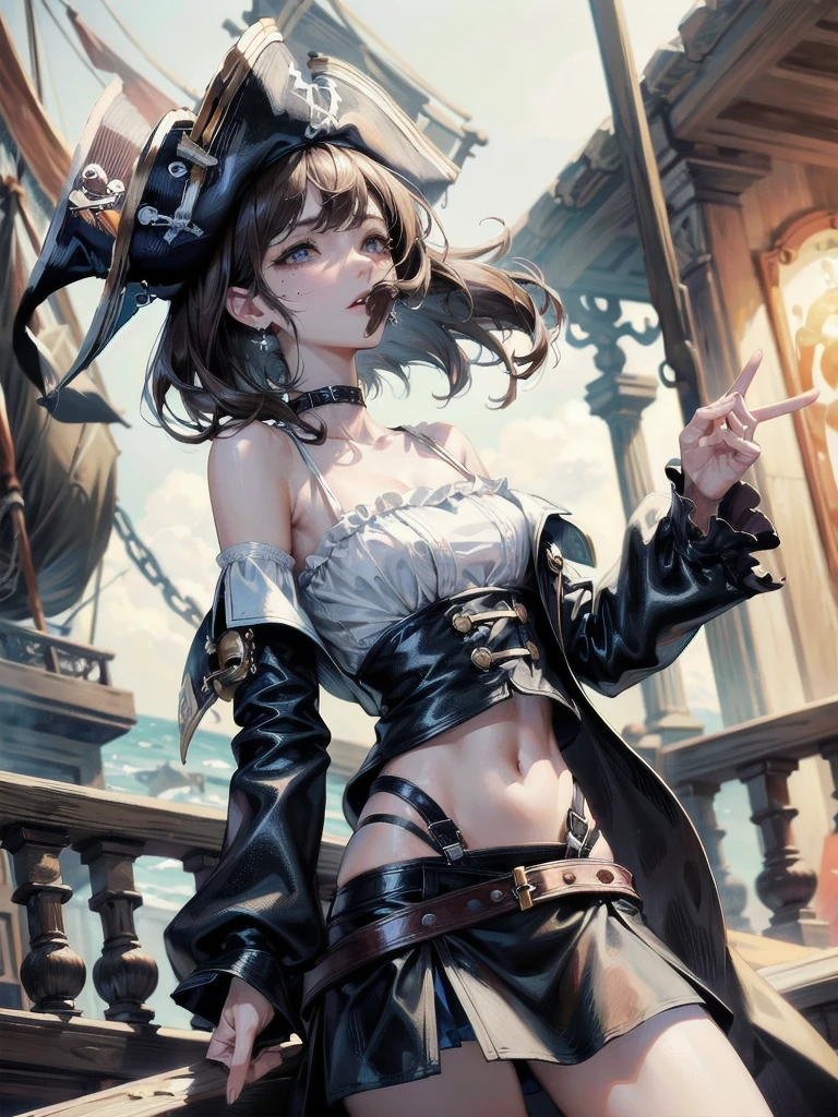 absurdres, RAW photo, extremely delicate and beautiful, masterpiece, Best Quality, ultra high resolution, 32k, hyperrealistic, ultra-detailed, perfect figure, tearful mole, earring, whole body shot, short medium hair, wavy hair, ((Practical pirate clothing)), Long-sleeved pirate top, Skirt,Torn pirate hat,