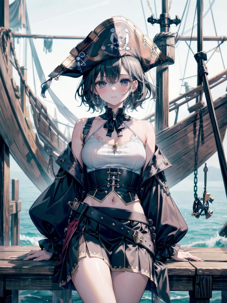 absurdres, RAW photo, extremely delicate and beautiful, masterpiece, Best Quality, ultra high resolution, 32k, hyperrealistic, ultra-detailed, delicate facial features, beautiful detailed woman, tearful mole, earring, medium breasts, full body shot, medium hair, black hair, (Practical pirate clothing), Long-sleeved pirate top, Skirt, torn pirate hat,