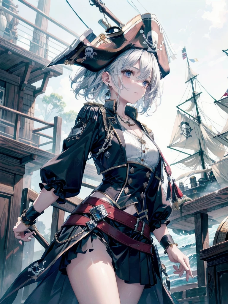 ((mastaerpiece)),((beste-Qualit)),((32k Photos)),((surrealistic)),Phenomenal depiction, Perfect litthing:1.3, sharpness,clear,Realistic texture,1人の女性,(Adult women in their early 20s),(Perfect anatomy without destruction),the golden ratio,real-looking-skin,(dense and delicate face),(dense and delicate beautiful skin),(Precise and delicate eyes),A smile:1.4,(((nudde))),Slim body,slim belly, ((The tattoo:1.5)),Phenomenal big:2.0,cleavage of the breast:1.9, sideboobs:1.7,teats:1.6,Slim legs:1.1,Footboard beauty:1.3,makeups:1.7, pirate,((Detailed and delicate pirate cosplay:2.5,((extremely short skirts:1.5))),neckless:1.8,piercings,Umi:1.9,Pirate Ship,She stands on deck