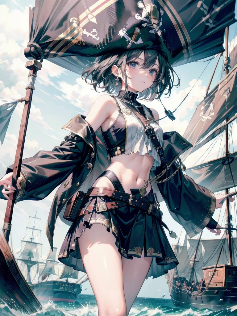 (Practical pirate clothing), Long-sleeved pirate top, Skirt, torn pirate hat, absurdres, RAW photo, extremely delicate and beautiful, masterpiece, Best Quality, ultra high resolution, 32k, hyperrealistic, ultra-detailed, detailed description, pale skin, 20 years old, tearful mole, earring, big tits, short medium hair, wavy hair, whole body shot,