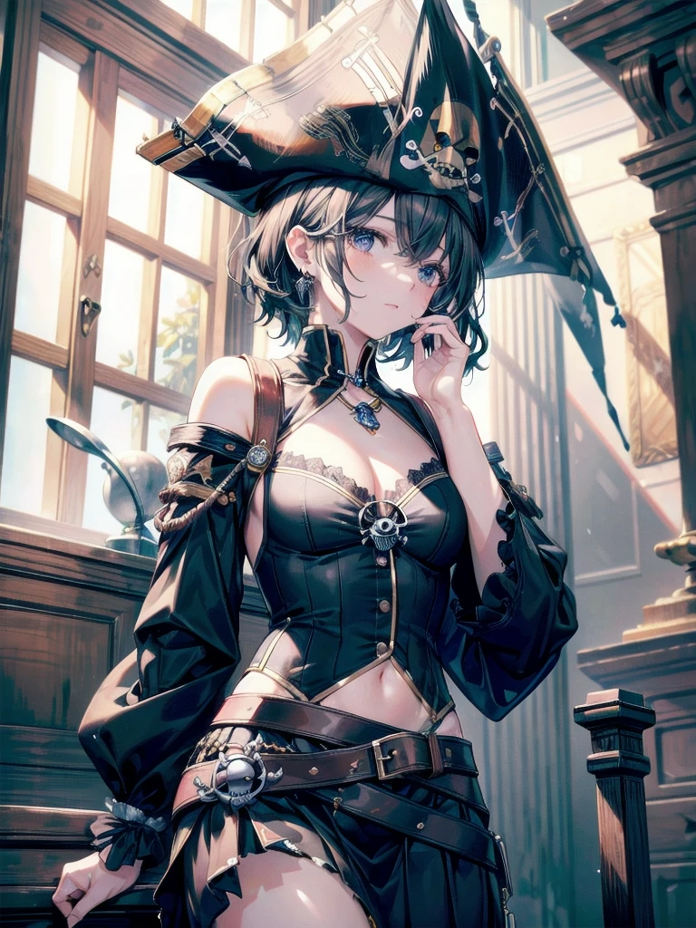 absurdres, RAW photo, extremely delicate and beautiful, masterpiece, Best Quality, ultra high resolution, 32k, hyperrealistic, ultra-detailed, perfect figure, tearful mole, earring, whole body shot, short medium hair, wavy hair, ((Practical pirate clothing)), Long-sleeved pirate top, Skirt,Torn pirate hat,