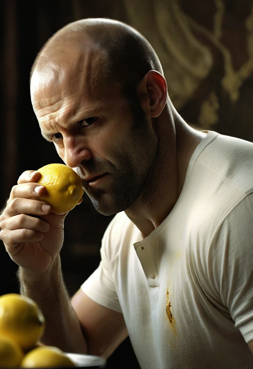 Jason Statham, white T-shirt, taking a bite out of a lemon, confident expression, close-up on lemon, harsh kitchen backdrop, sharp focus on lemon, chiaroscuro lighting, composition invoking the style of Caravaggio, photorealistic quality akin to Beeple's digital render, intricate details mimicking Beksinski's textures, soft natural light enveloping the scene, cinematic qualityc, High Resolution, High Quality, Masterpiece