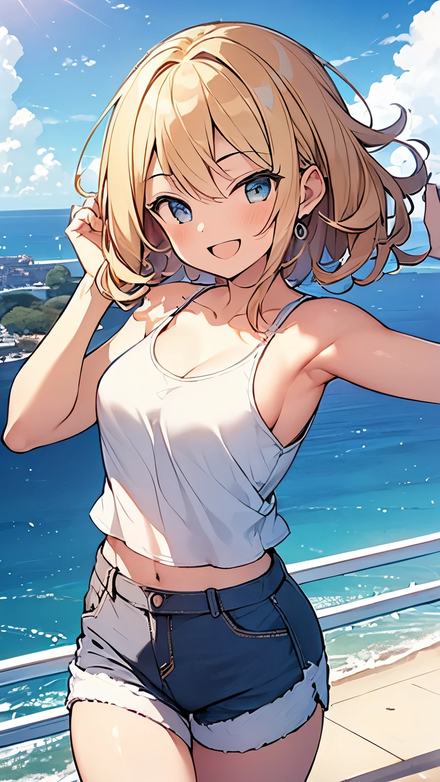 (Masterpiece, Top quality: 1.5),from above:1.3, upper body, 1 beautiful girl, solo, blond, (Tank top、 Shorts :1.3), Summer clothes , blond hair, short hair, Curly hair, Hair swaying in the wind, Keep your head small, (:1.2),Ample breasts, standard weight, one knapsack, (smile:1.5), blush :1.2, open mouth, beautiful scene , Mediterranean cityscape, magnificent panorama view, dynamic pose