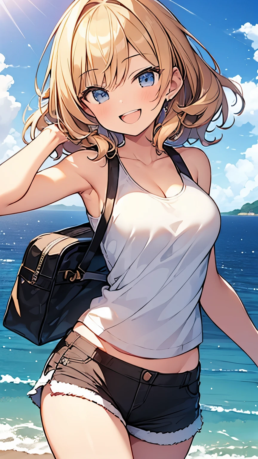 (Masterpiece, Top quality: 1.5),from above:1.3, upper body, 1 beautiful girl, solo, blond, (Tank top、 Shorts :1.3), Summer clothes , blond hair, short hair, Curly hair, Hair swaying in the wind, Keep your head small, (:1.2),Ample breasts, standard weight, one knapsack, (smile:1.5), blush :1.2, open mouth, beautiful scene , Mediterranean cityscape, magnificent panorama view, dynamic pose