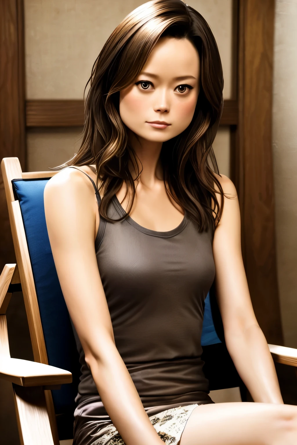 Materpieces, perfect skin, perfect face, Summer Glau, sitting a chair, only undershirt, open chest, off shoulders