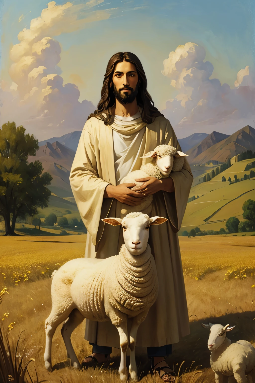 A Jesus and a Sheep,Jesus holding a lamb,Jesus smiled,Tall Jesus,In a golden wheat field,Impressionist Painting