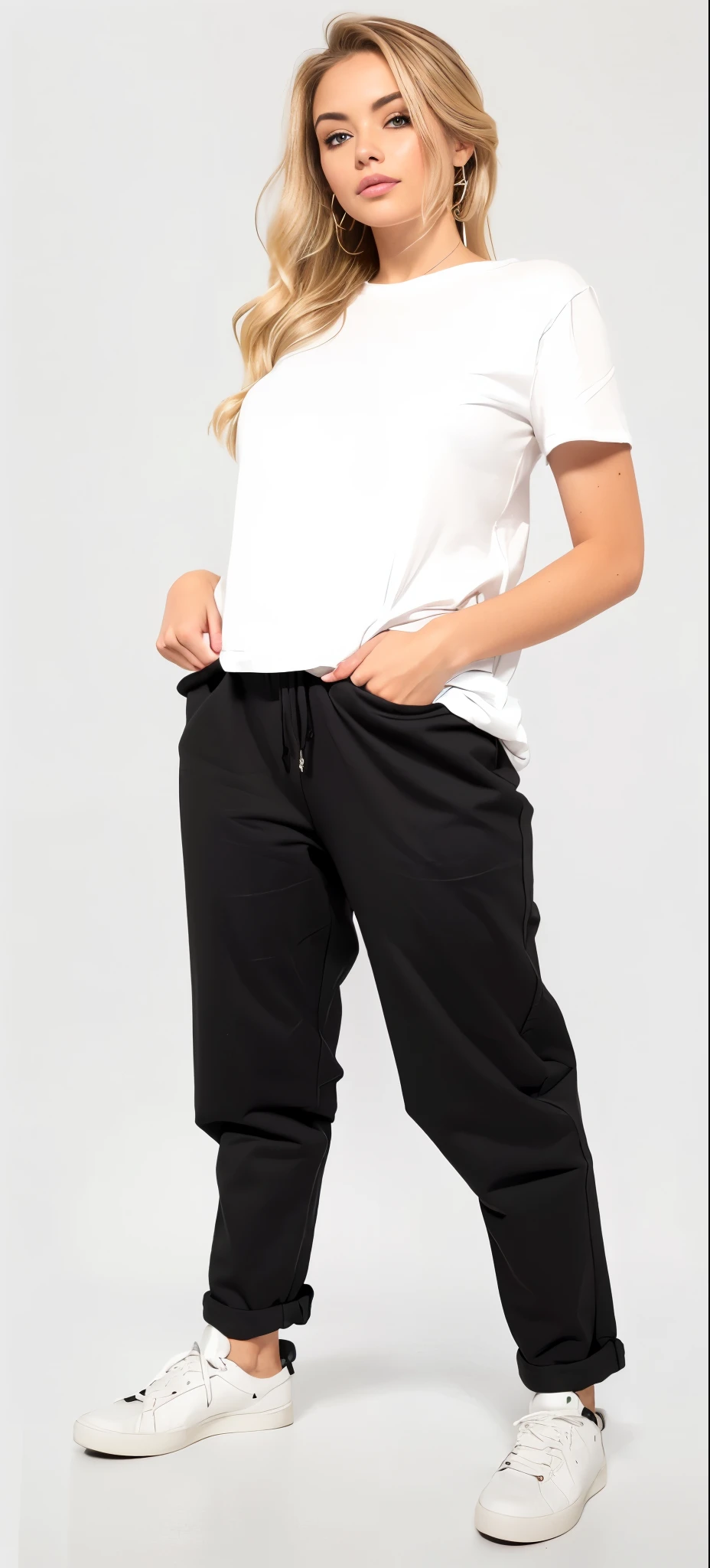a woman in white shirt and black pants standing on a white background, black pants, black jeans pants, baggy black pants, black pants, loose pants, big pants, black pants, wearing pants and a t-shirt, denim trousers, Roupas casuais modernas, jeans largos, roupas modernas casuais, high-waisted pants, black sweatpants, wearing pants