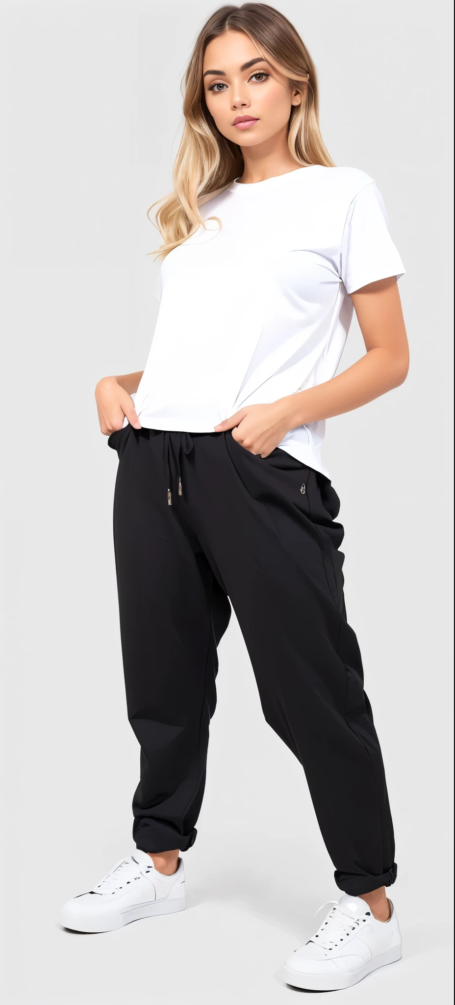 a woman in white shirt and black pants standing on a white background, black pants, black jeans pants, baggy black pants, black pants, loose pants, big pants, black pants, wearing pants and a t-shirt, denim trousers, Roupas casuais modernas, jeans largos, roupas modernas casuais, high-waisted pants, black sweatpants, wearing pants