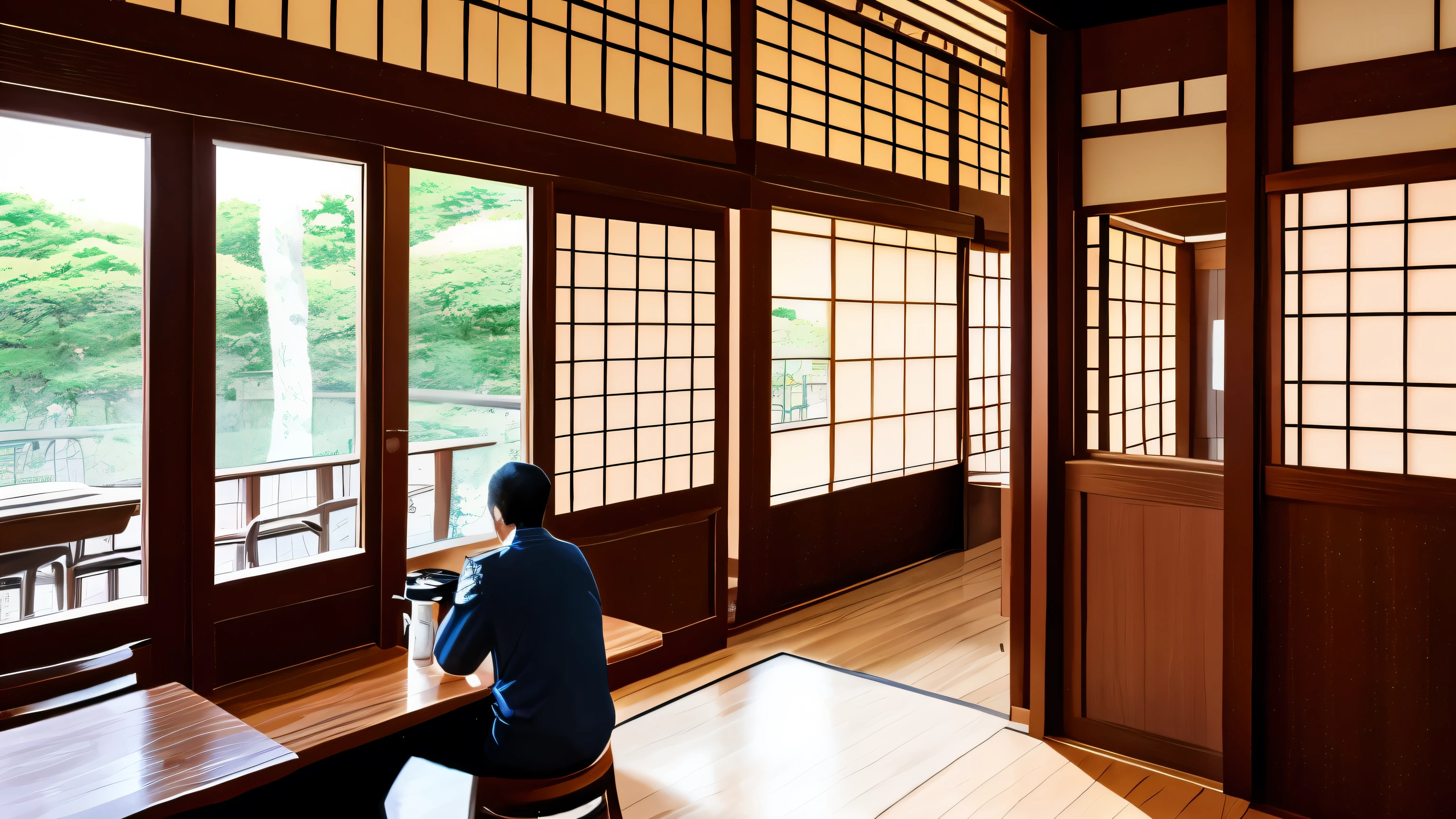At the cafe、A middle-aged man、Alone and sad、Drinking coffee Japanese anime style