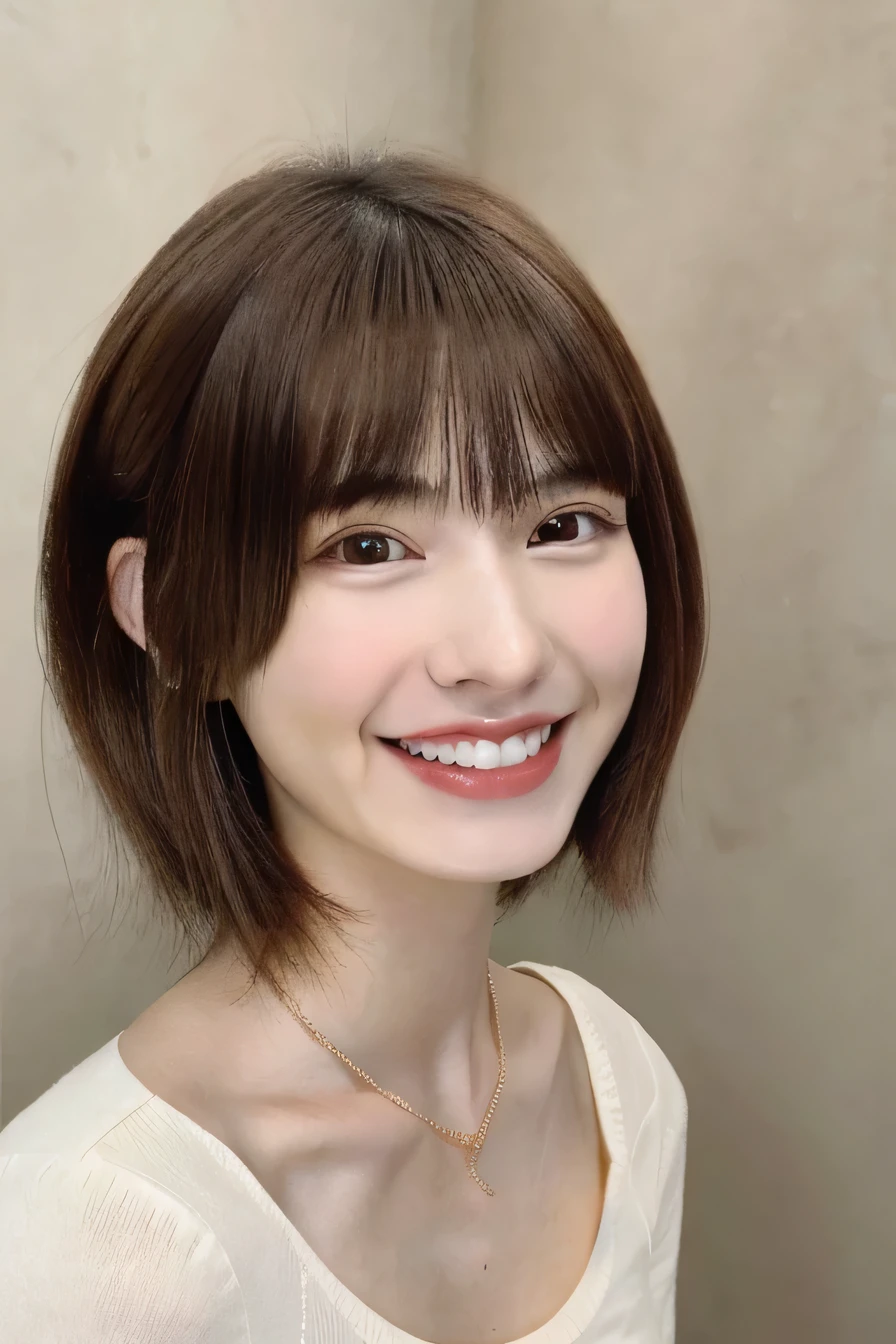 205 ((short hair)), 20-year-old female, Surrealism, smile、Beautiful teeth alignment、Brown Hair、Ear piercing、Necklace around the neck、