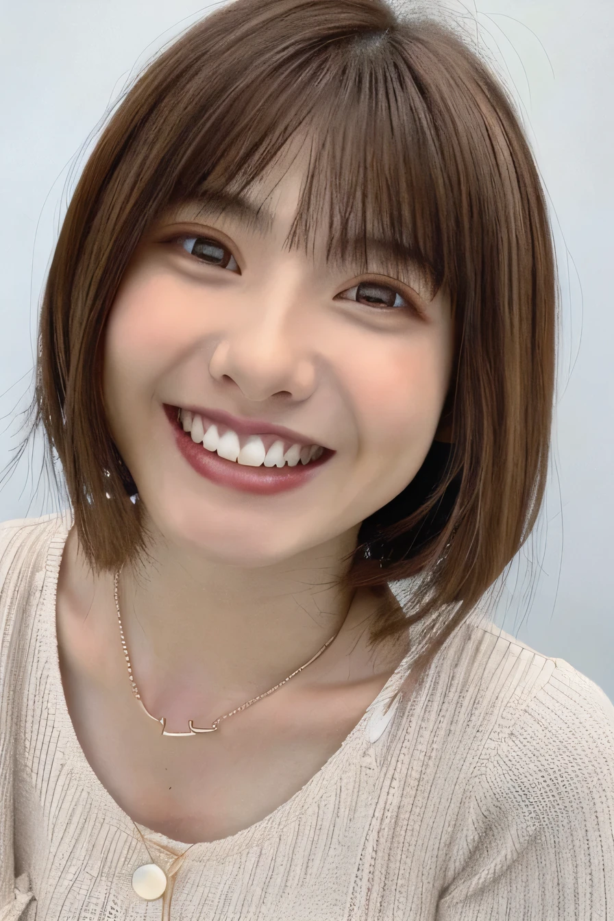 205 ((short hair)), 20-year-old female, Surrealism, smile、Beautiful teeth alignment、Brown Hair、Ear piercing、Necklace around the neck、