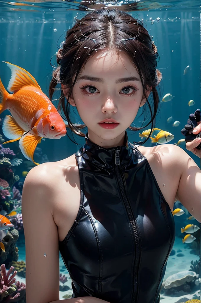 masterpiece, best quality, 8K, 24 years old, Photo Beast, absurd, Award winning portrait, Pure, Korean beauty, spring, Tropical fish in the sea, shoelace, Lovely, correct, healthy, Beloved, Perfect hands, Snorkel,wearing Snorkel, Underwater,Diving suit, Wet hair,