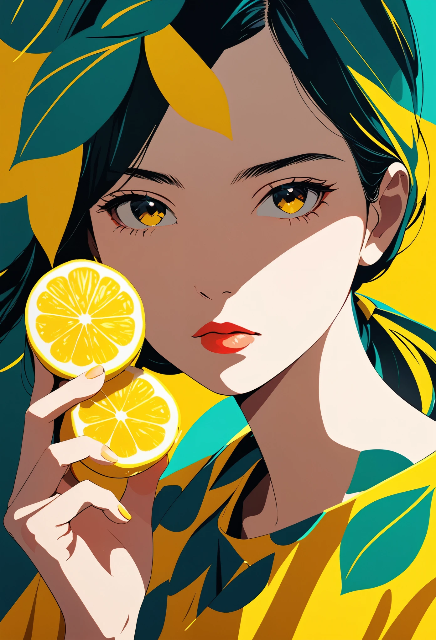 a girl eating lemon, she is frowning，minimalist art style, minimalist portrait, minimalist art, abstract art, simple background, vibrant colors, high contrast, sharp focus, (best quality,4k,8k,highres,masterpiece:1.2),ultra-detailed,