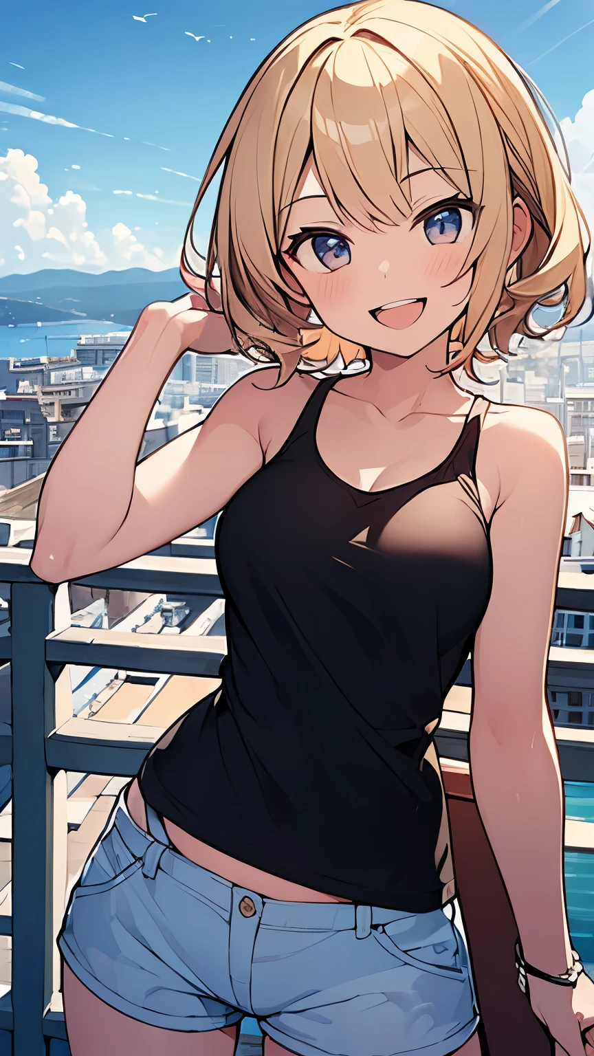 (Masterpiece, Top quality: 1.5),from below:1.3, upper body, 1 beautiful girl, solo, blond, (Tank top、 Shorts :1.3), Summer clothes , blond hair, short hair, Curly hair, Hair swaying in the wind, Keep your head small, (:1.2),Ample breasts, standard weight, one knapsack, (smile:1.5), blush :1.2, open mouth, beautiful scene , Mediterranean cityscape, magnificent panorama view, dynamic pose