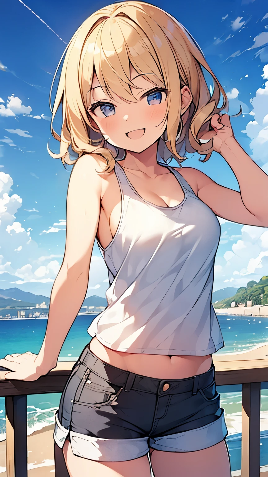 (Masterpiece, Top quality: 1.5),from below:1.3,  upper body, 1 beautiful girl, solo, blond,  (Tank top、 Shorts :1.3), Summer clothes ,  blond hair, short hair,  Curly hair, Hair swaying in the wind, Keep your head small, (15 year old:1.2),Ample　breasts, standard weight, one knapsack, (smile:1.5), blush :1.2, open mouth, beautiful scene , Mediterranean cityscape, magnificent panorama view, dynamic pose