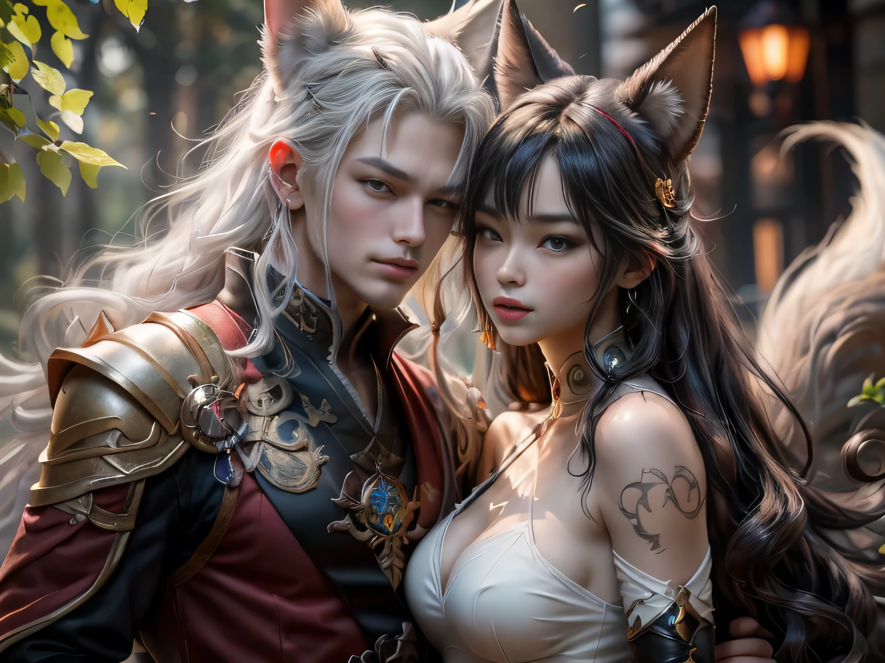 (Best Quality, 8K, Masterpiece, HDR, Soft Lighting, Picture Perfect, Realistic, Vivid), Image of a man and woman playing Go in a mountain landscape, Mountain landscape background with a waterfall, [(handsome man, he has beautiful blue eyes and a kind smile, black hair, he has a naked torso with a perfect body)(Beautiful fox girl with green eyes, red hair, innocent expression)], (Ultra high quality fantasy art, majestic fantasy style), masterpiece ,Ultra High Quality Male and Female Character Designs, 8k Resolution Anime Art, Realistic Anime Art, Highest Quality Wallpaper Illustration, Detailed Ultra High Quality Accurate Male and Female Character Face, High Quality Design and Accurate Physics) (Ultra High Quality Fantasy Art, Dark Fantasy) style), masterpiece, super high quality characters, anime resolution - 8k, realistic anime art, highest quality wallpaper illustration, super high facial detail, quality design and accurate physics), color difference, depth of field, dramatic shadows, ray tracing, quality and Detailed wallpapers for your computer in 8K resolution. (Accurate simulation of the interaction of light and material)], [Carefully rendered hair [More about beautiful and shiny hair]],(Perfect hand detail [Beautiful fingers without breakage [Beautiful nails]],(Perfect anatomy (Perfect proportions)) [[View full-length]],[Perfect color coordination (Accurate simulation of the interaction of light and material)], [Fine art that conveys the meaning of the story], Image of a man and woman playing Go in a mountain landscape, detailed painting of Qu Leilei, winner of the cg society competition, Cloisonne, Yiqiang and Shuracrgt, Taoism, Yang Qi, Qi Sheng Luo, Ruan Jia and Michael Comarc, Lei Ming, oriental scene