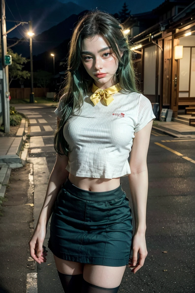 1girl, tarankaaa, standing position, perfect body, best quality, 32k, photograph, full body (head to toe), tone mapping, Sonozaki Shion, ((Sonozaki Shion, green hair, green eyes, long hair)), ((yellow ribbon, white shirt, blue necktie, blue skirt, black kneehighs)), asian-european, green hair, green painted hair, greenhaired, full color green hair, long hair, perfectly drawn hands, ((masterpiece)), ((highres)), ((detailed background)), japanese village background, nexto to a temple, ((fit girl)), cute pose, smiling, ((perfect eyes, detailed eyes, realistic eyes)), ((sharp face, detailed face, realistic face, naturtal skin, realistic skin, detailed skin, pores)), (amazingly attractive body, perfect shape body, athletic body, strong body, fit body)