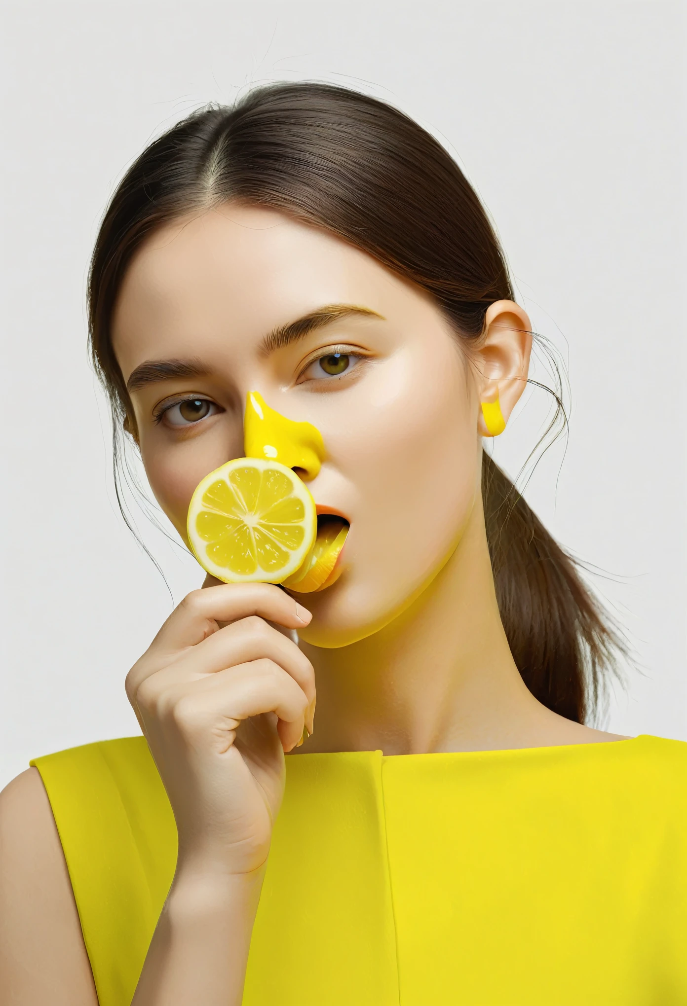 a girl eating lemon, face distorted in a minimalist art style, minimalist portrait, minimalist art, abstract art, simple background, vibrant colors, high contrast, sharp focus, (best quality,4k,8k,highres,masterpiece:1.2),ultra-detailed,(realistic,photorealistic,photo-realistic:1.37)