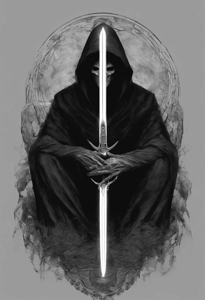 Hell God, lucifer, black face, no face, re eyes, holding glowing light sword, glowing text, against giant hell lord, circle light symbol behind head, dark fantasy art, smoke, fire