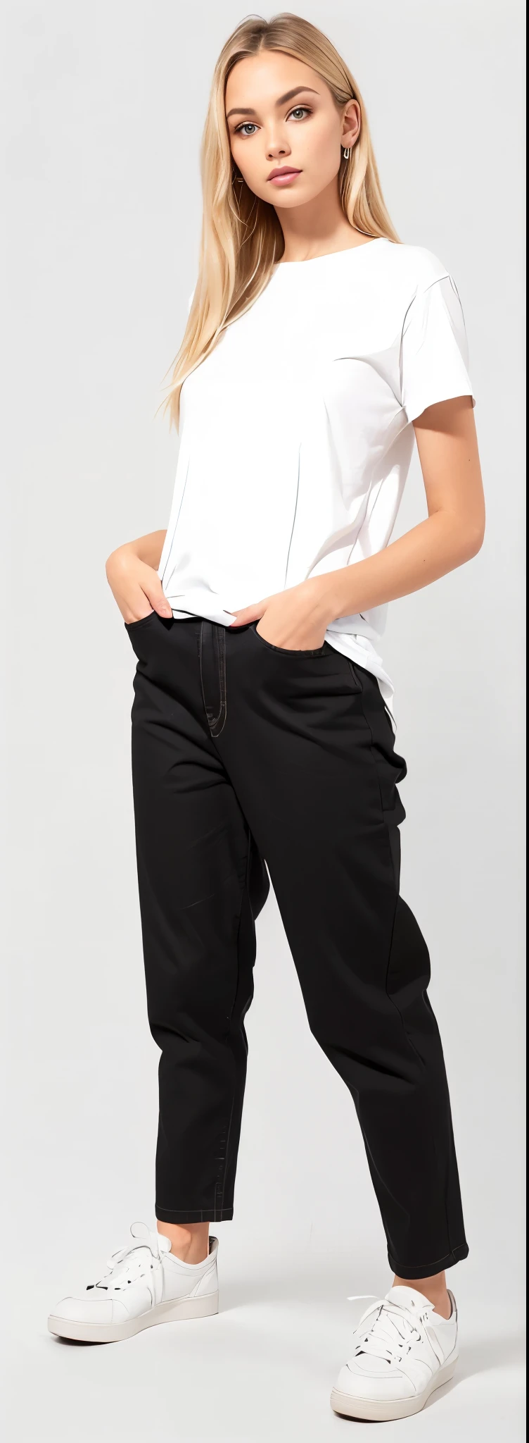 a woman in white shirt and black pants standing on a white background, black pants, black jeans pants, baggy black pants, black pants, loose pants, big pants, black pants, wearing pants and a t-shirt, denim trousers, Roupas casuais modernas, jeans largos, roupas modernas casuais, high-waisted pants, black sweatpants, wearing pants