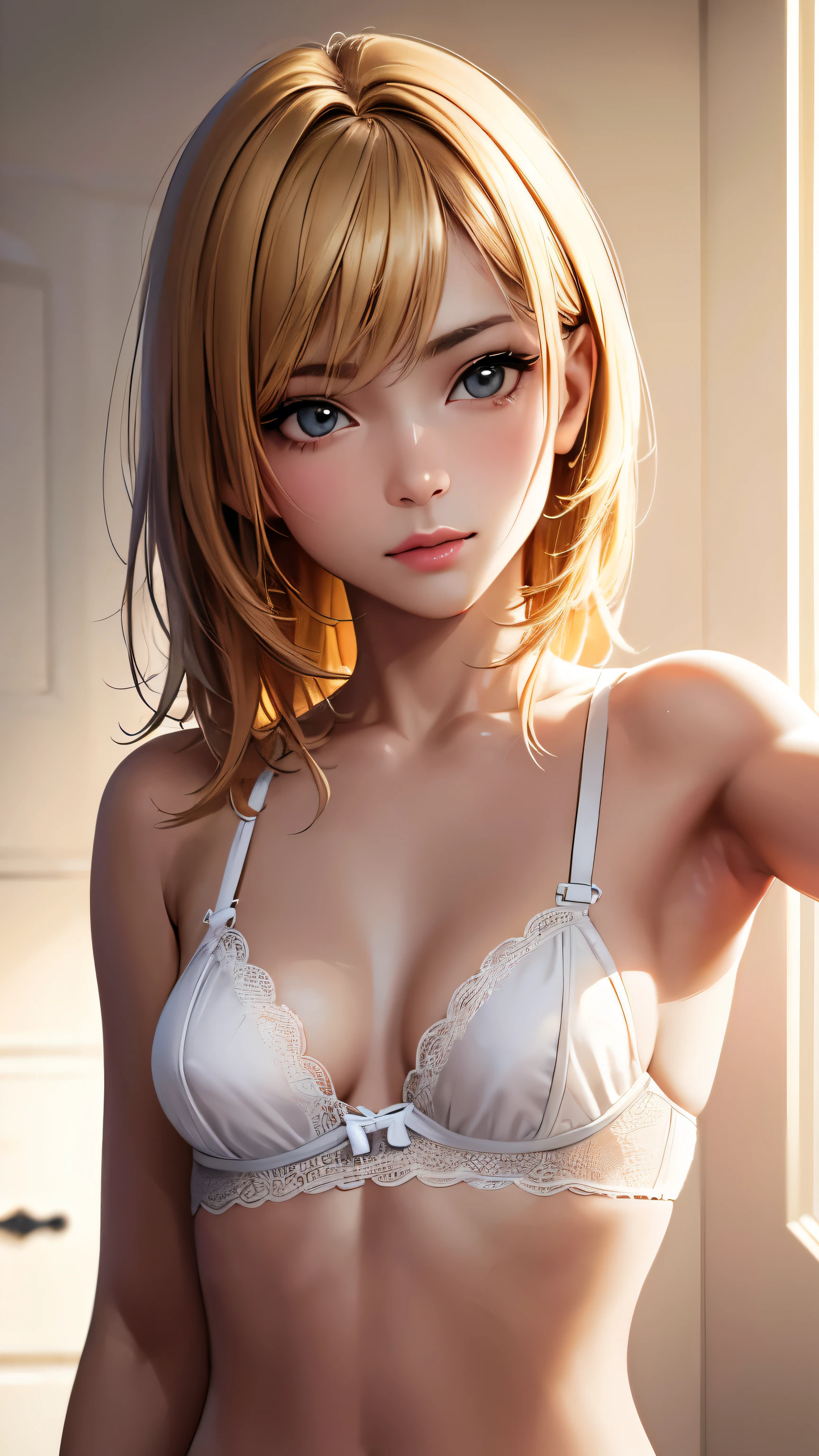 最high quality, masterpiece, One girl with anorexia, Beautiful Face, (Photorealistic photography:1.3), Rim Light, (Skin with attention to detail:1.2), 8k UHD, Digital SLR, high quality, High resolution, 4K, 8k, Bokeh, (Genuine: 1.3), Small face, pretty girl, Blonde Hair,White lace underwear,Removing underwear on the bed,Bra removal pose,Push up your underwear,Remove underwear