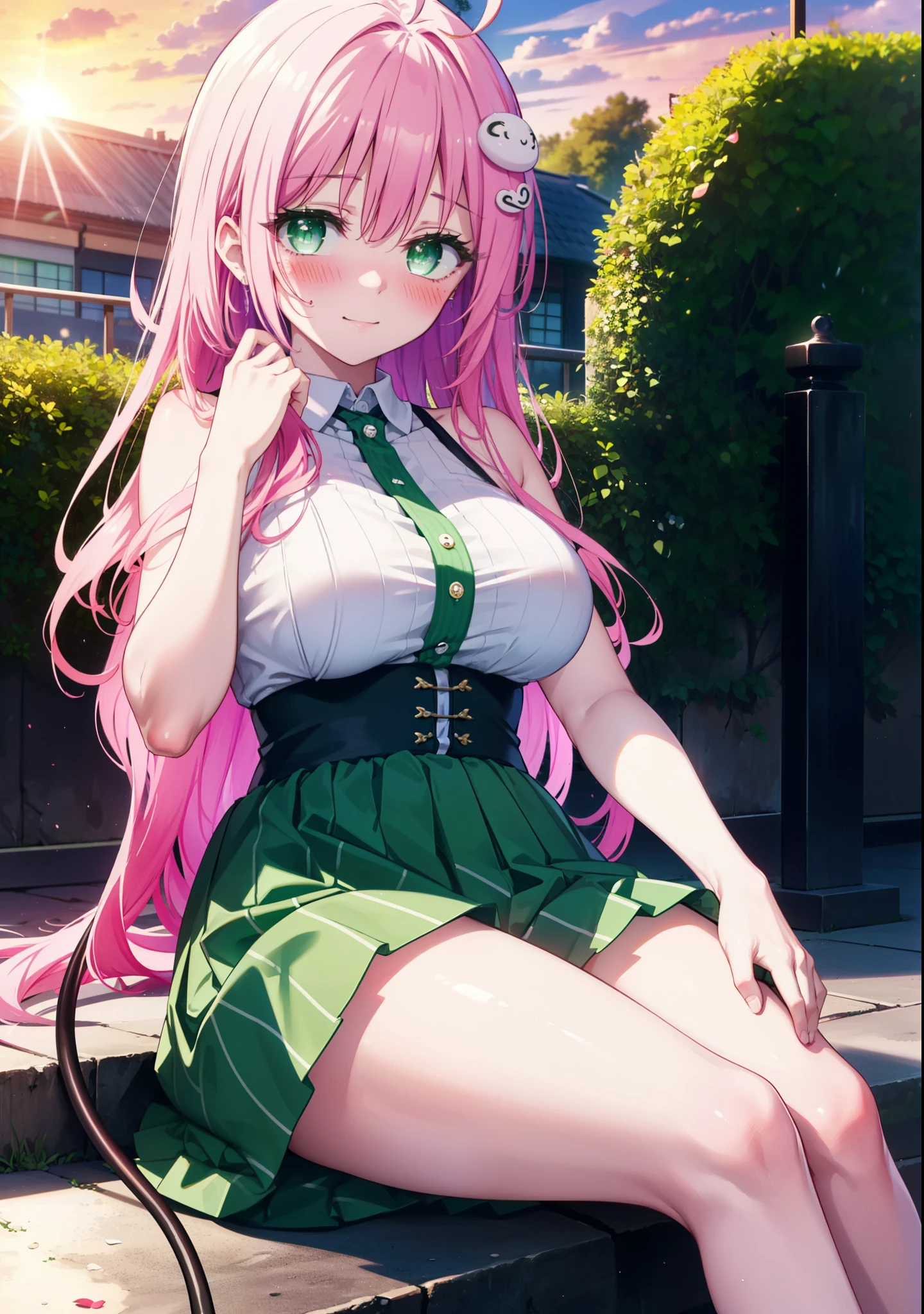 Laradevi Luke, Lara Deviluke, Long Hair, Pink Hair, tail, Ahoge, bangs, hair ornaments, (Green Eyes:1.5), smile,blush,Big Breasts,
break demon tail, Cordo shoulder top,Long skirt,Stiletto heels,The sun is setting,Sunset,evening,Sitting on the steps in the park,whole bodyがイラストに入るように,
break outdoors, 公園
break looking at viewer, whole body,
break (masterpiece:1.2), highest quality, High resolution, unity 8k wallpaper, (shape:0.8), (beautiful detailed eyes:1.6), extremely detailed face, Perfect lighting, extremely detailed CG, (Perfect hands, Perfect Anatomy),