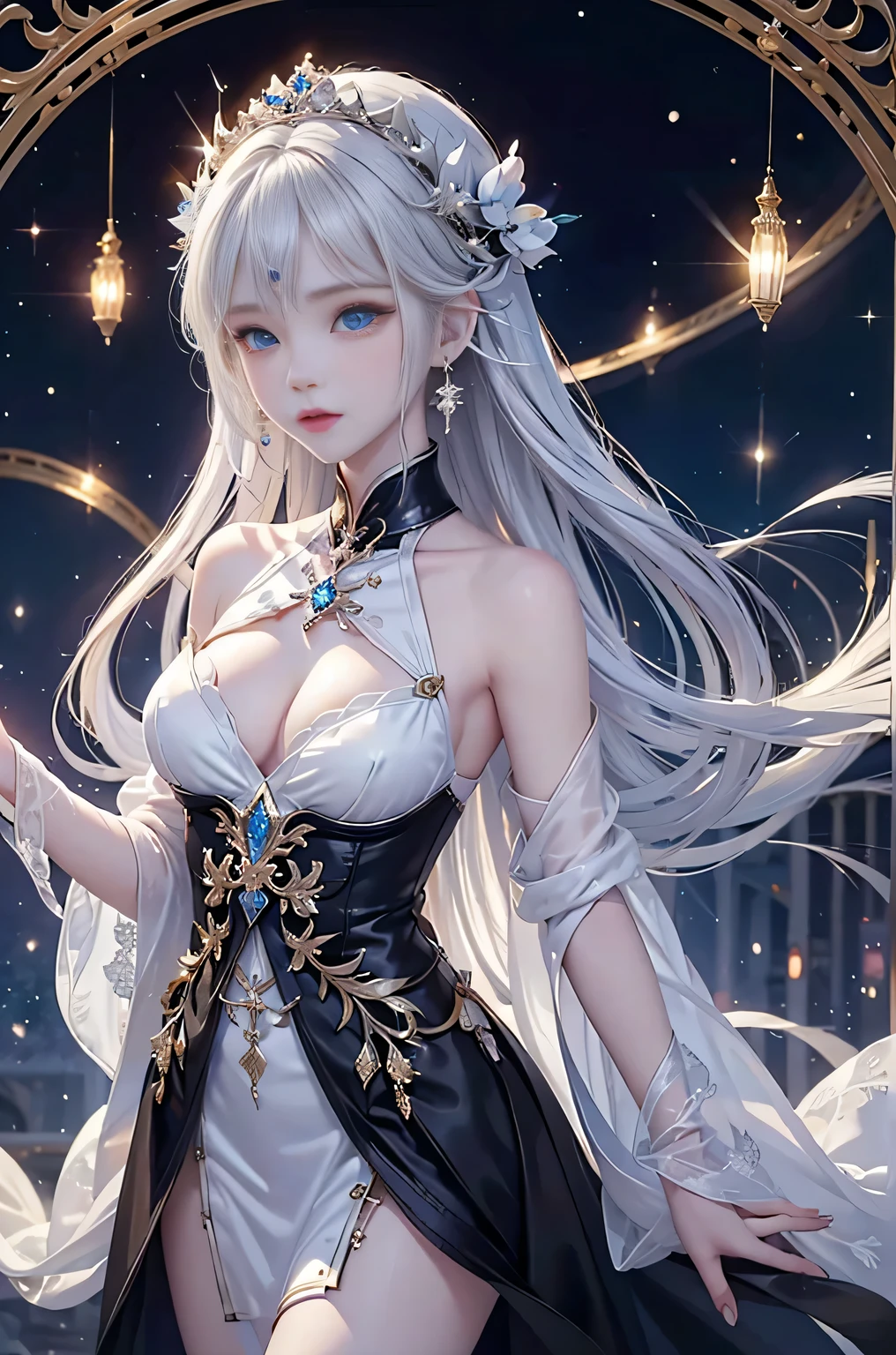 Night view,star,（White Haired Girl:1.5）,（（masterpiece））、（detailed：1.4）、（Backlight）(A fantastic atmosphere、Ancient capital、Amazing beauty images,((1girl))、white dust、Light and dance-like、Suspended particles), (Black Dress、Long dress with sleeves、Exposing shoulders、Off the shoulder)、（Gray hair that changes with light、length, Lustrous white hair、WHITE hair fluttering in the wind、Beautiful Bangs:1.3）、（Beautiful white and shining skin、Cheek gloss highlighter、Sexy and very beautiful and adorable face、The most beautiful face in the world、big, Sparkling blue eyes）、（Cute 25 year old girl、small beautiful breasts、Great cleavage and a tiny waist、Delicate shoulders、Perfect figure）Above the chest image
