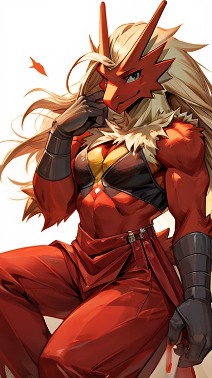 Blaziken, bombshell pose, dressed as a rockstar, smiling warmly, lithe body,