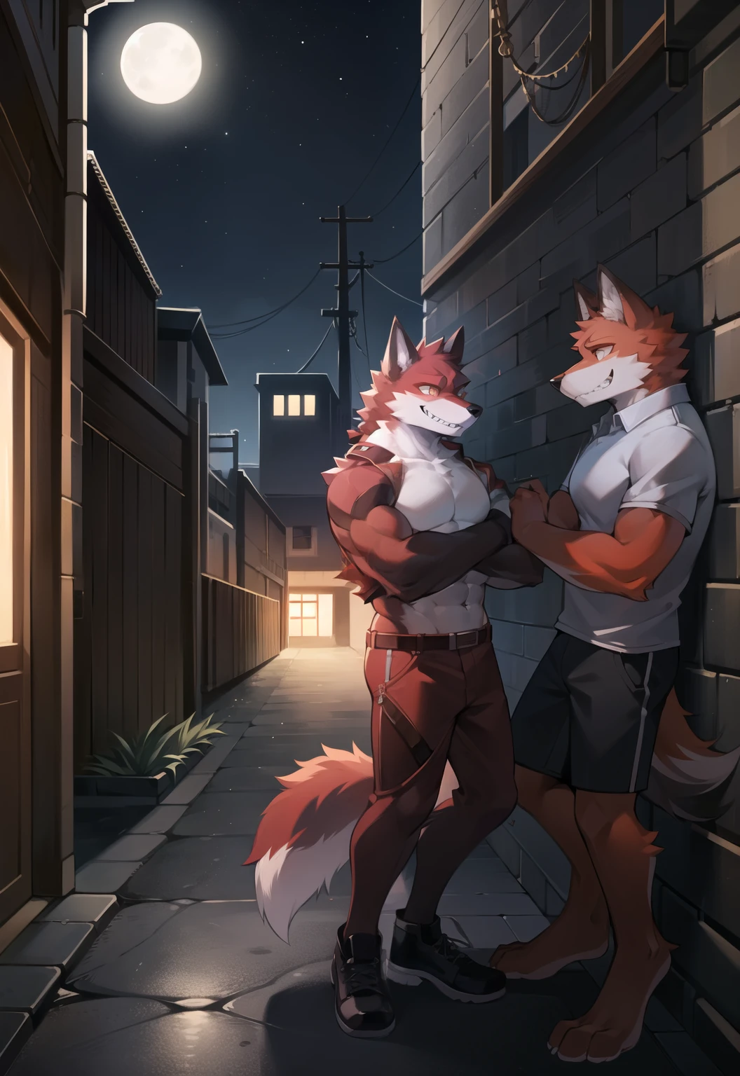 individual,Just not good, Muscular body, young,young角色,Red fur all over,Red fur,Body tearing,Standing at the alley, Dark night alley background,head tilted to one side,Is smiling,Showing sharp teeth,Happy mood,beautiful night sky, Wear loose black short-sleeved,Wolf furry character,Orange pupils