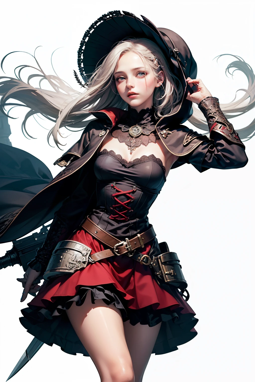 mpts
Copy
(((masutepiece, of the highest quality, super detailed))), hand drawn style, hand painted style, watercolour, sketch, a knight, white background, plain background, Bloodborne inspired, tatty Bloodborne attire, occult aesthetic, occult, tatty red and white clothing detailed and intricate steampunk and detailed gothic lolita (with a hood), diadems, long coat, very thin long legs, Complex mechanical boots above the knee, Fluttering lace flared long knee length dress with frilly petticoats, long dress, knee length dress, petticoats gothic lolita, beautiful small breasts, (((( Highly detailed face))), small thin nose, Small thin lips mouth, (((Very sharp focused eyes))), Very large slit precision pale grey eyes that shine like jewels. very long eyelashes, Silver hair swaying in the wind, Emitting a dazzling light in a mandala pattern, white background, Very dramatic and cinematic lighting, tatty damaged old red and white clothing, full body, whole body, body, cosmic horror, grim dark