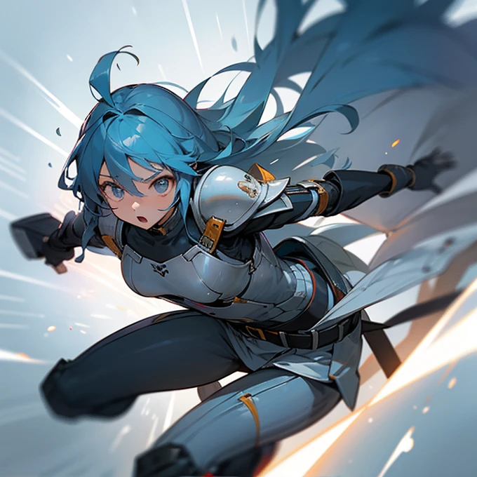 A scene where he runs like a bullet、forward leaning posture、Super beautiful girl、Sprint、Wind Effects、Very detailed、Light Armor、Belt、Ultimate Cute、Ultimate quality、Ultimate Original、Front cut、Air trembling particle effect、