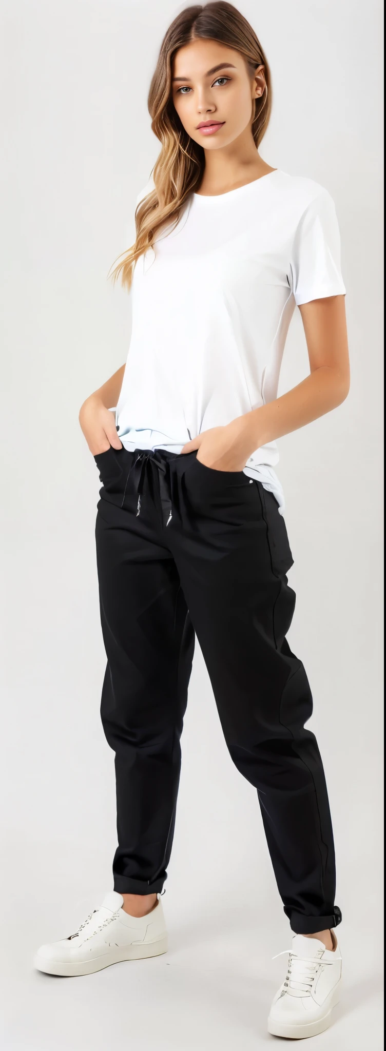 a woman in white shirt and black pants standing on a white background, black pants, black jeans pants, baggy black pants, black pants, loose pants, big pants, black pants, wearing pants and a t-shirt, denim trousers, Roupas casuais modernas, jeans largos, roupas modernas casuais, high-waisted pants, black sweatpants, wearing pants