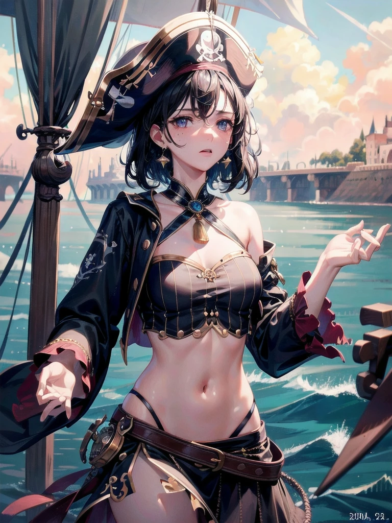 absurdres, RAW photo, extremely delicate and beautiful, masterpiece, Best Quality, ultra high resolution, 32k, hyperrealistic, ultra-detailed, delicate facial features, tearful mole, earring, medium breasts, full body shot, medium hair, black hair, pirate captain, intricate pirate clothing,