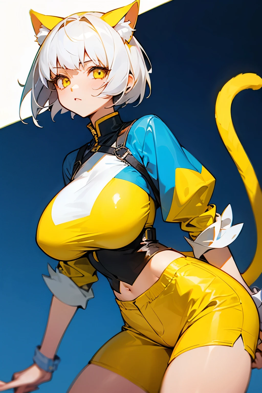Girl, short white hair, yellow eyes, blue clothes, short pants, cat tail, big breasts